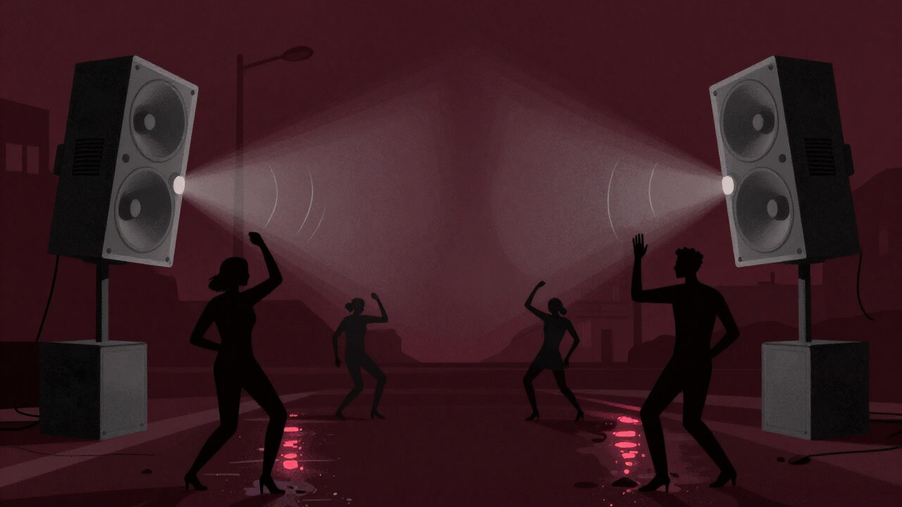 Silhouettes of people dancing to booming street speakers against an urban night skyline