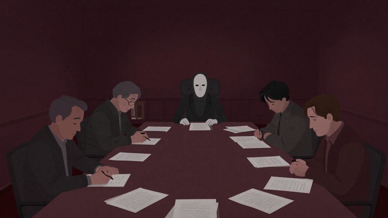 古い会議室のテーブルを囲む、疲れ切った表情の住民たちと資料の山。中央には議長席に座る仮面をかぶった人物がいる。