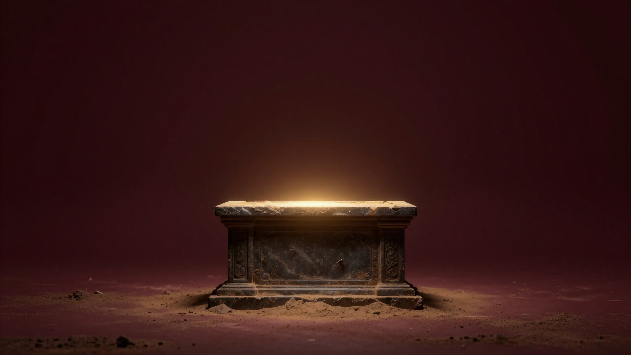 A dusty altar glowing with golden light