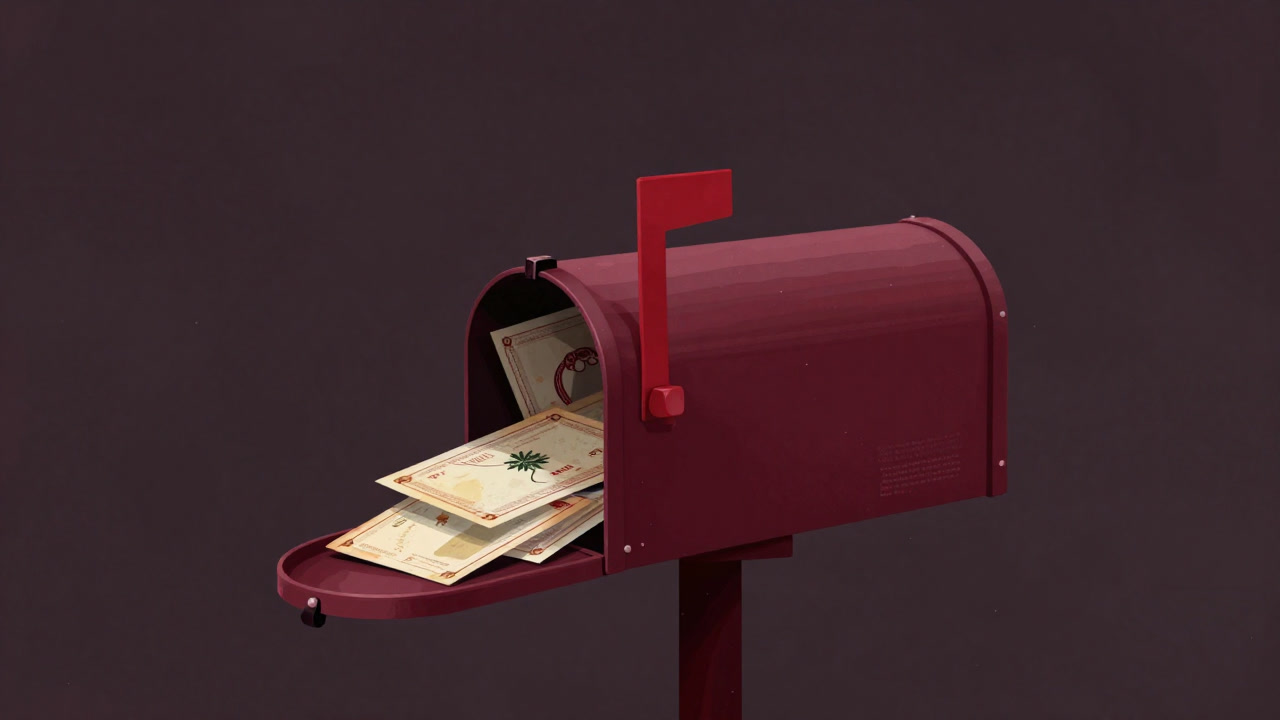 Image of a mailbox filled with faded holiday cards