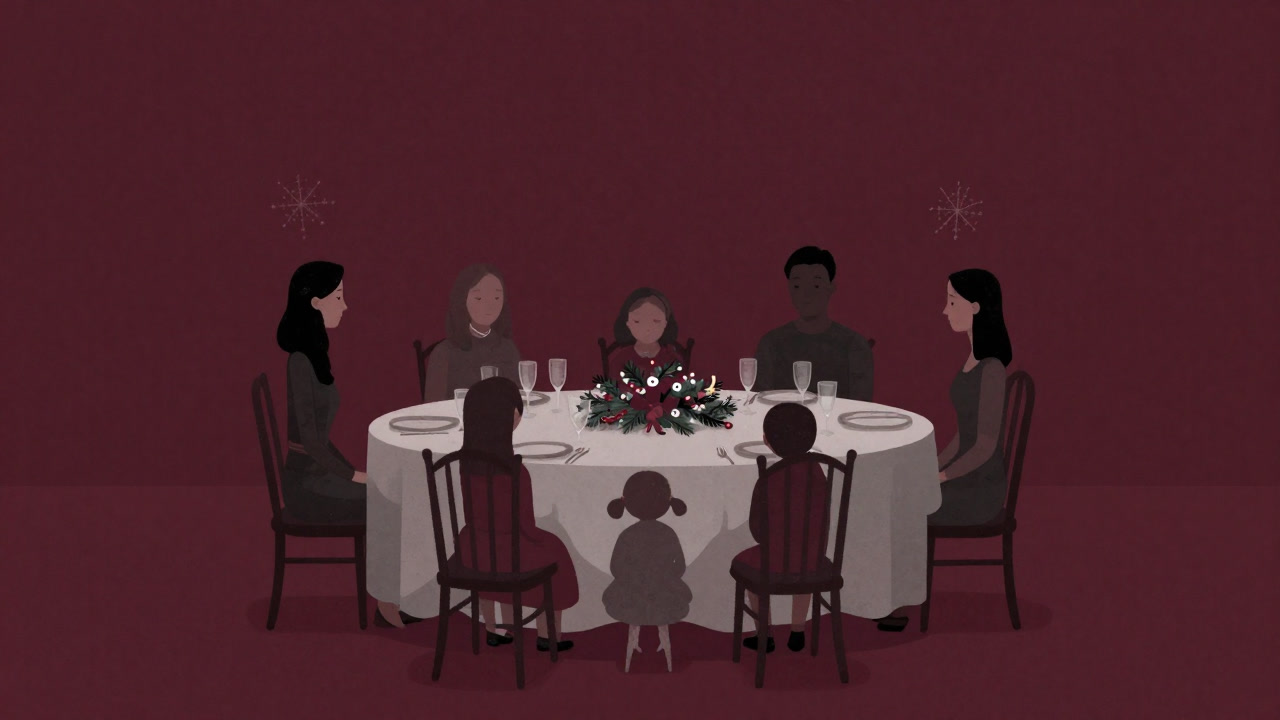 豪華に飾り付けられたテーブルを囲む家族が無表情で料理を見つめるイラスト