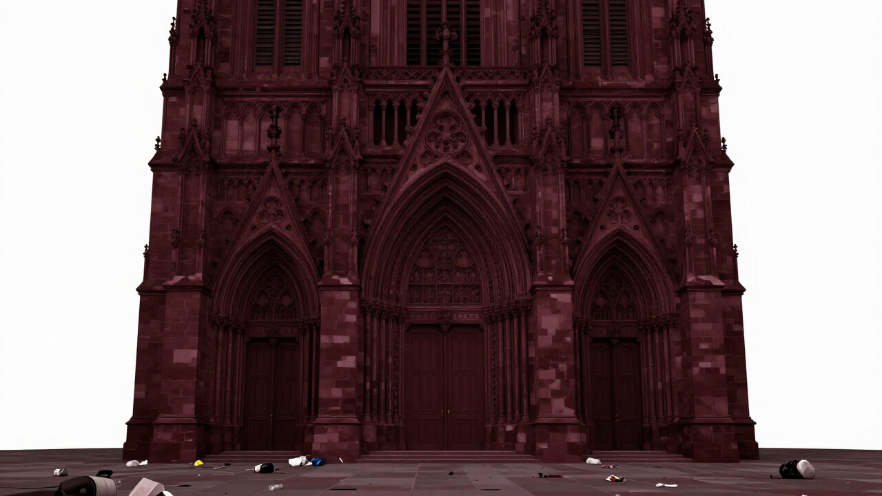 荘厳な雰囲気を漂わせるが、足元にはゴミが散乱した教会の入口の画像