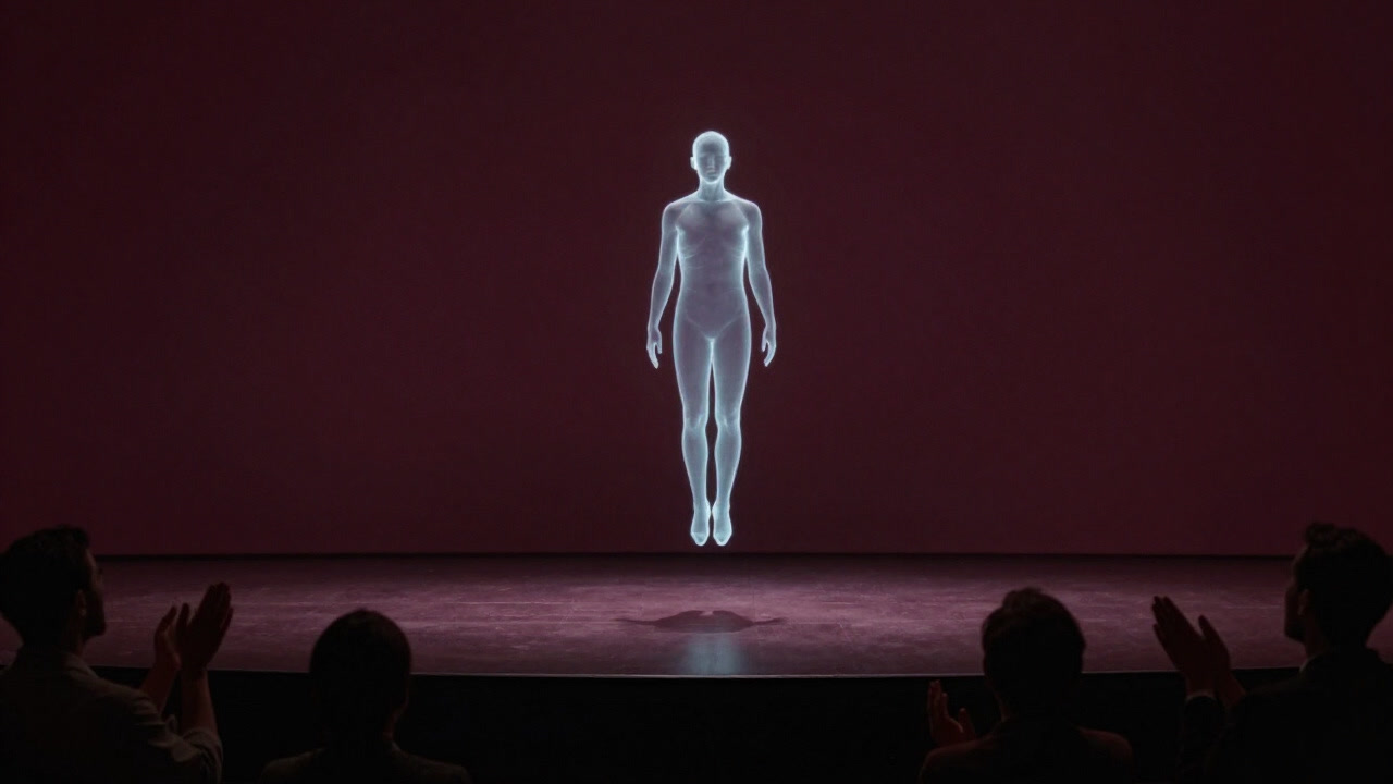 暗闇のステージに浮かぶ淡い光の人影と拍手する観客のシルエット