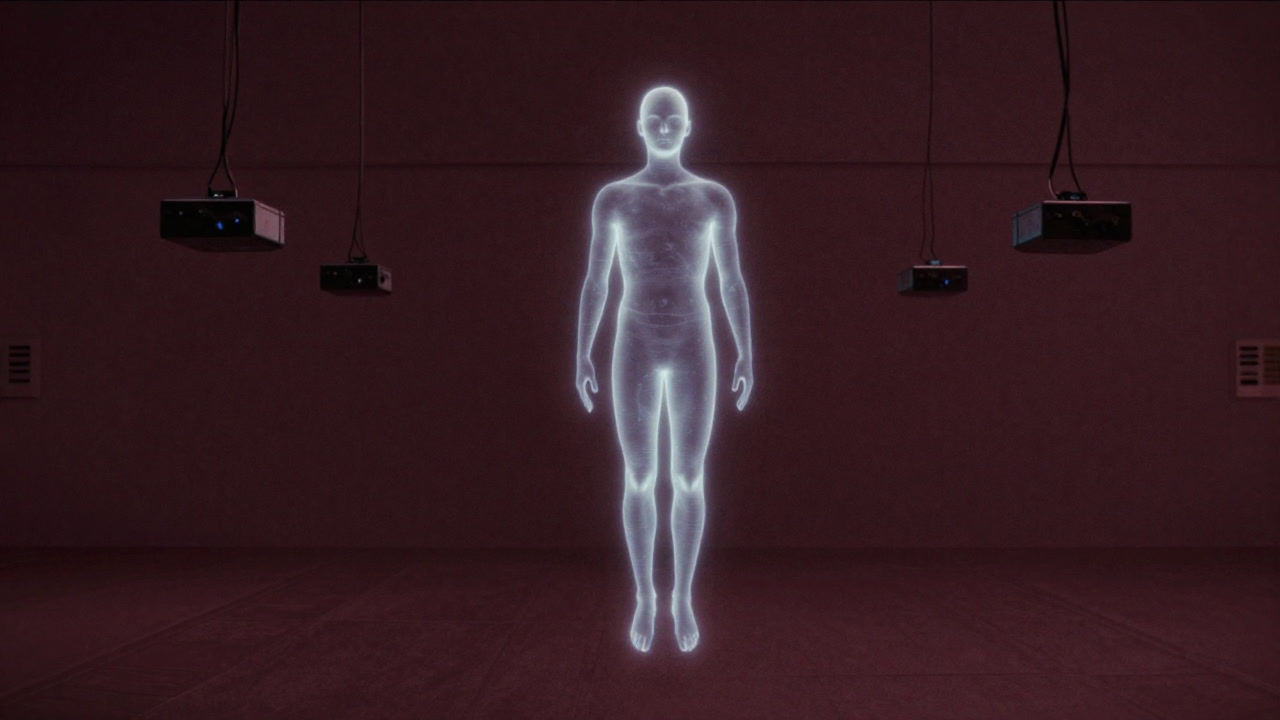 Image of a holographic light figure floating in a mismatched event environment.