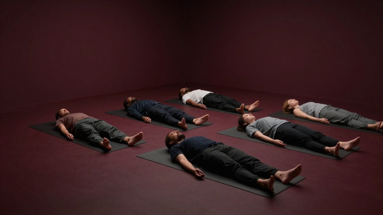 クラスルームでマットに横たわり、呼吸に身を委ねる複数の参加者のシルエット