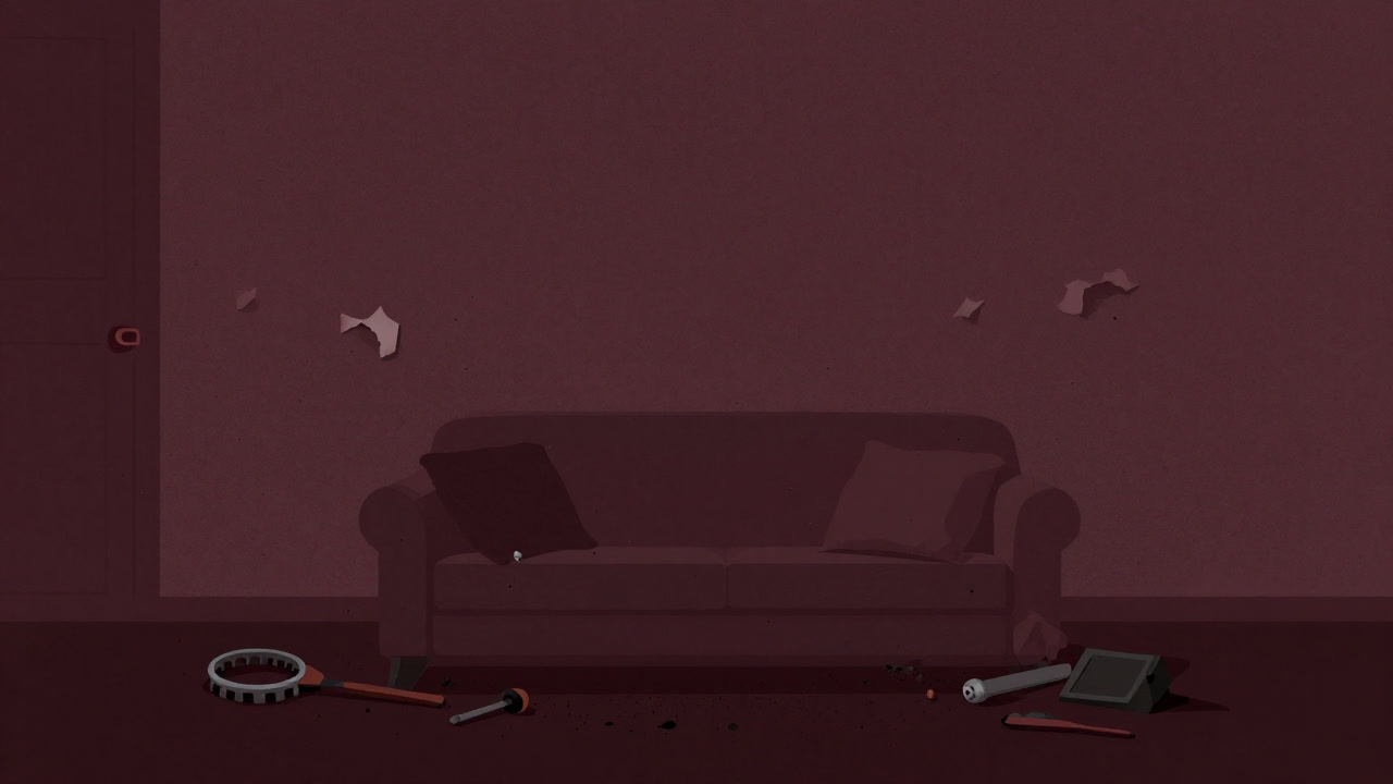 A living room with peeled walls, scattered tools and dust.