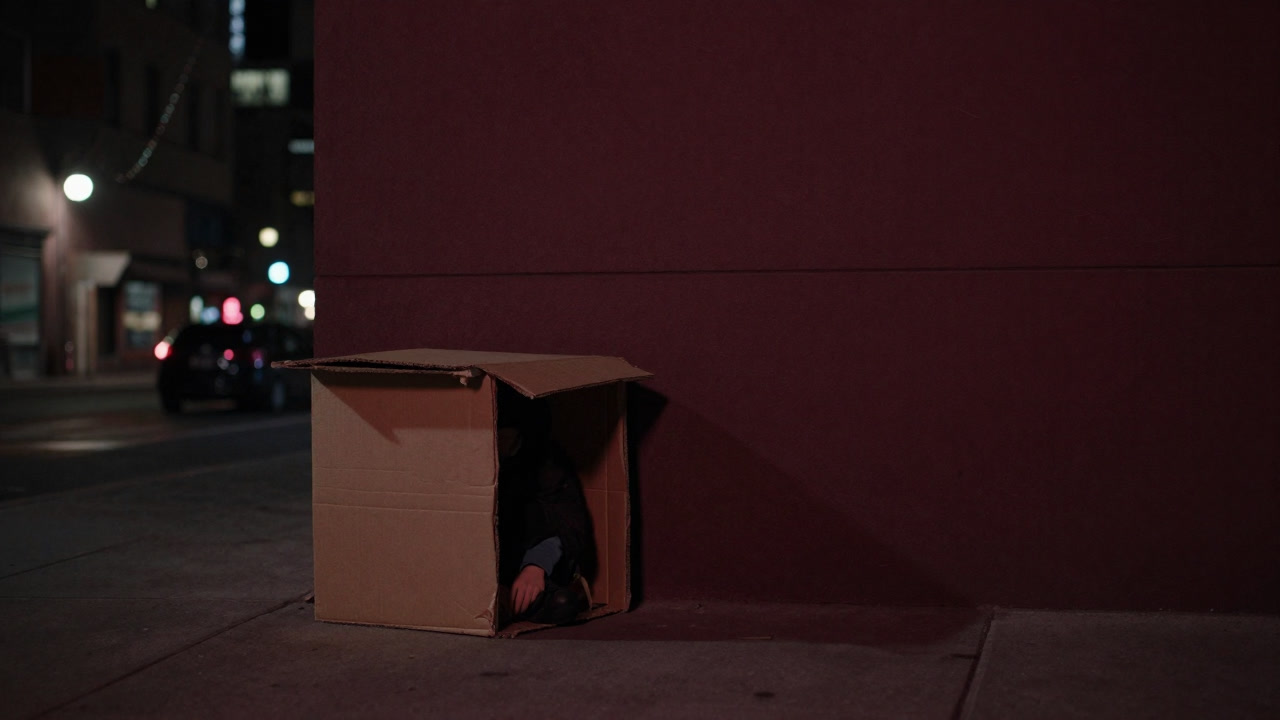 A photo capturing a silhouette dwelling in a cardboard shelter on the corner of a city street