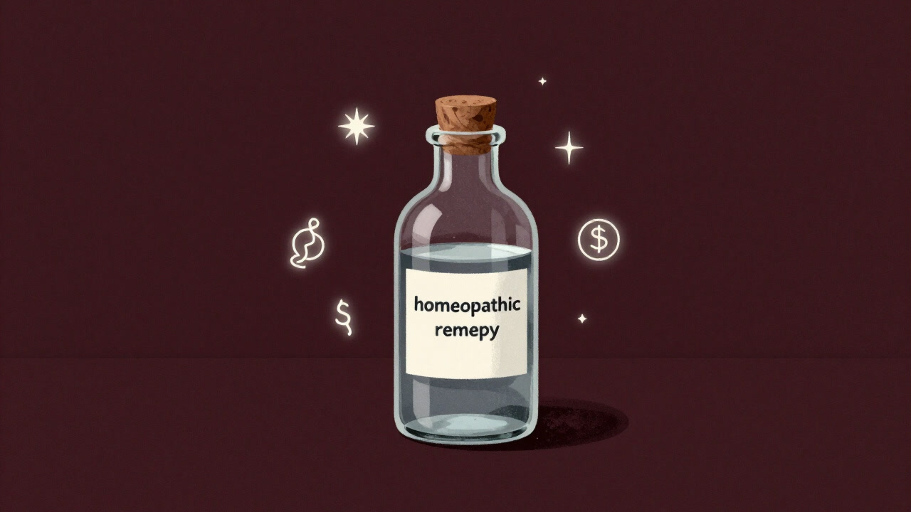 瓶の中の空気が治癒力を秘めているかのように見えるホメオパシーの水のイラスト