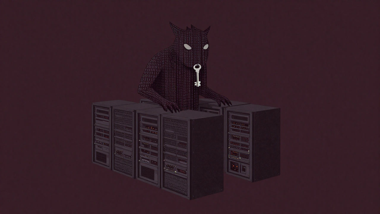 An ominous creature made of intertwined binary code and keys looming over computational resources