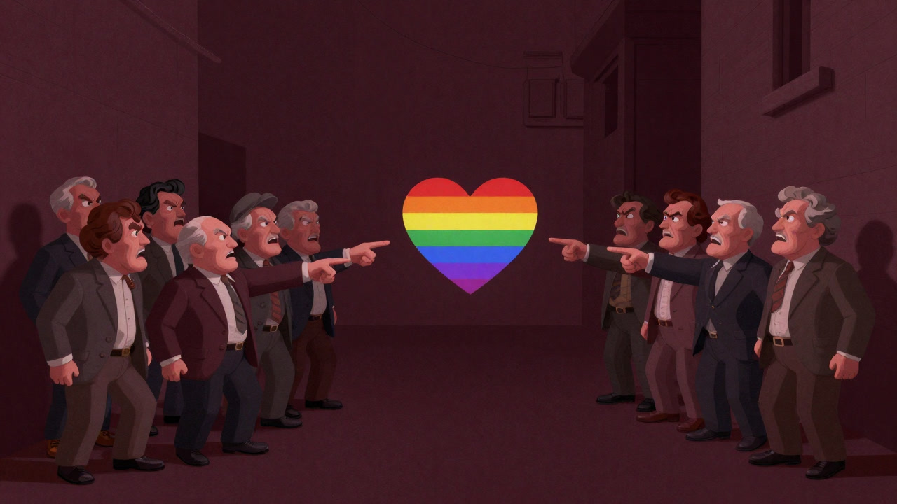 Illustration of a crowd glaring at a rainbow heart in a dark alley