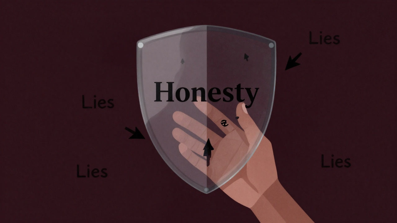 A hand holding a clear glass shield reflecting words of truth like a mirror.