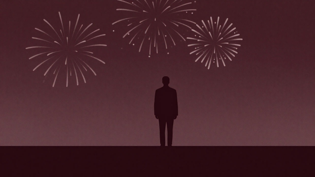 ハネムーン期間を象徴するように、祝砲を背に微笑む政治家のシルエットのイラスト