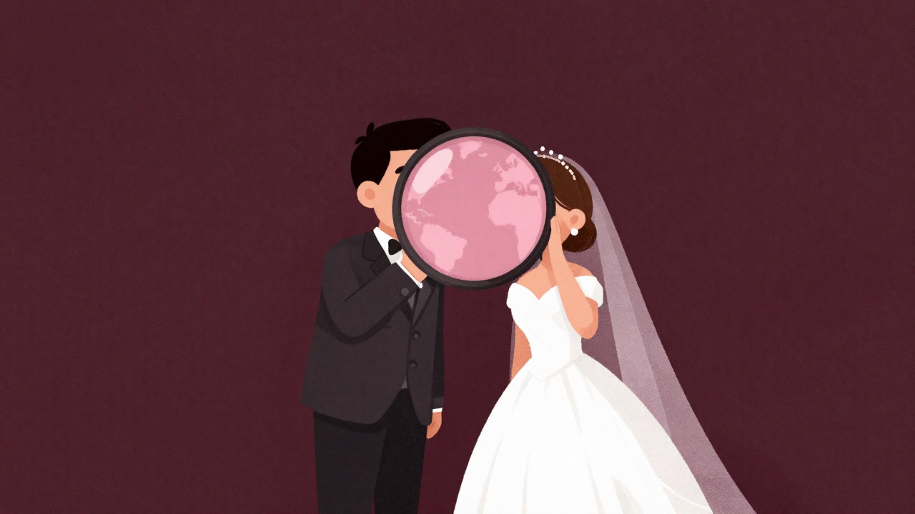 Illustration of a world seen through a pink honeymoon filter applied by a newlywed couple