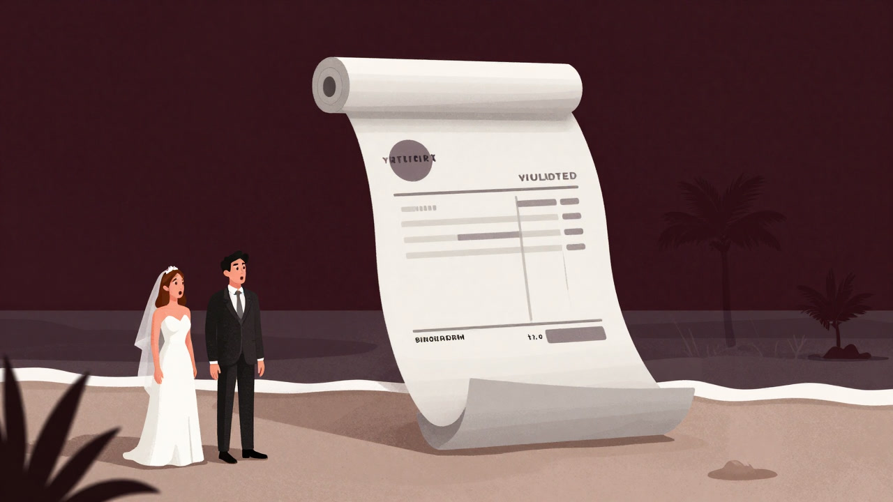 ビーチリゾートで巨大な請求書を前に呆然とする新婚カップル