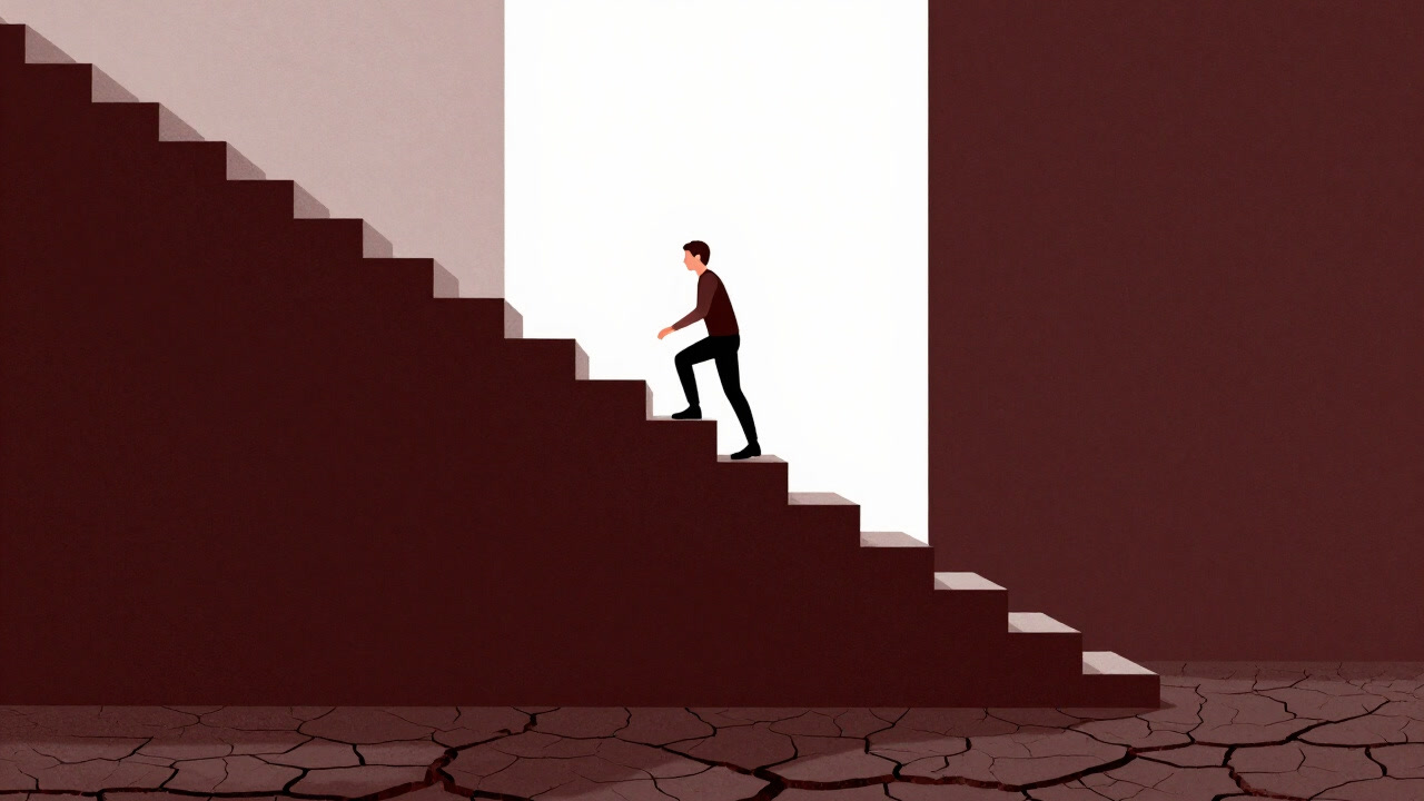 Illustration of a figure climbing stairs that lead into the void on parched ground