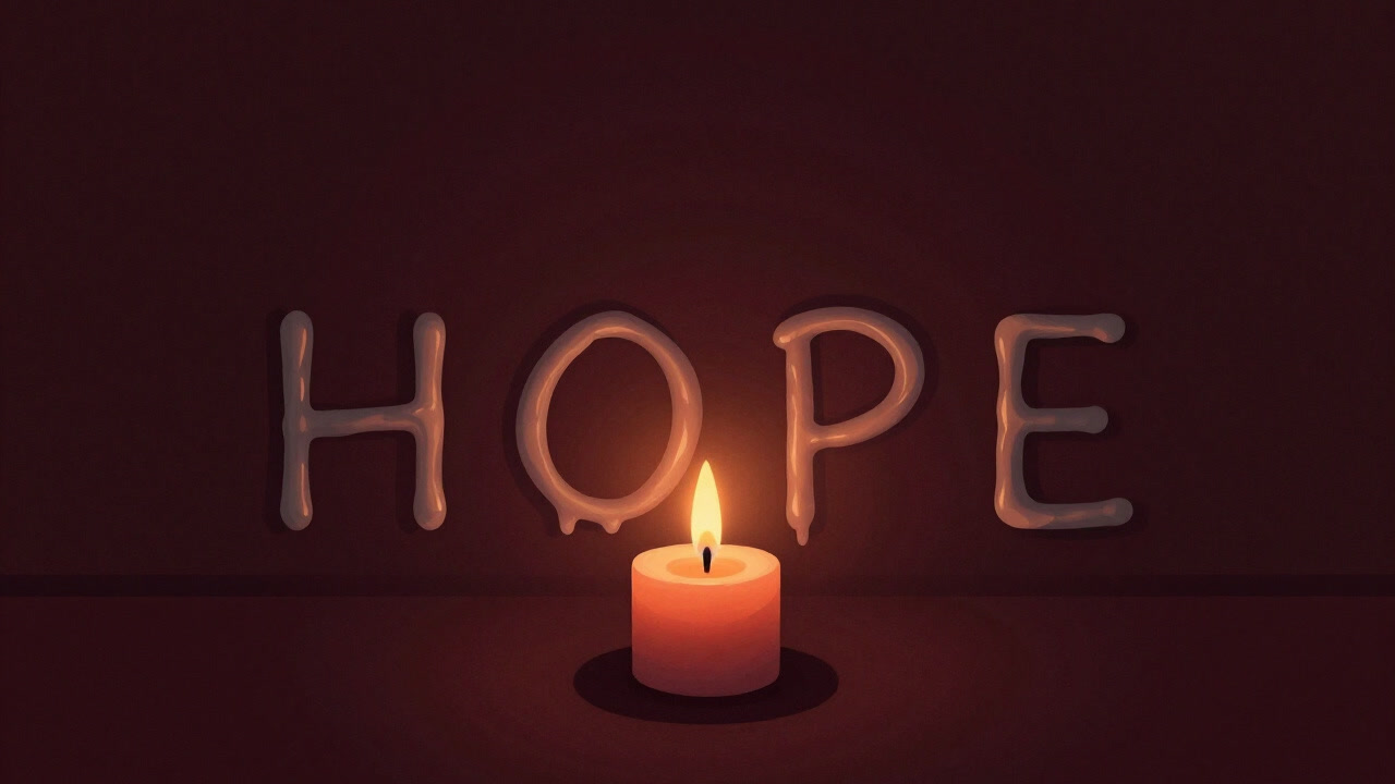 Image of the word 'HOPE' burning like a small candle in the darkness before dawn.