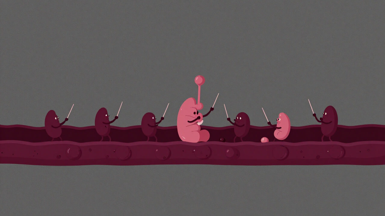 血管を流れるホルモン分子が指揮棒を持って体を操る、コミカルなイラスト