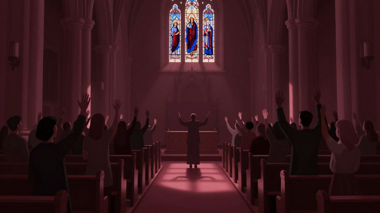 Image of a congregation raising hands in unison, chanting hosanna through stained glass light in a chapel