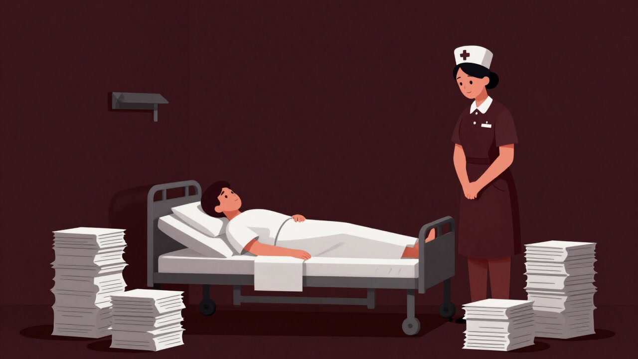 薄暗い病室でベッドに横たわる患者と、それを囲む大量の書類と見上げる看護師のイメージ