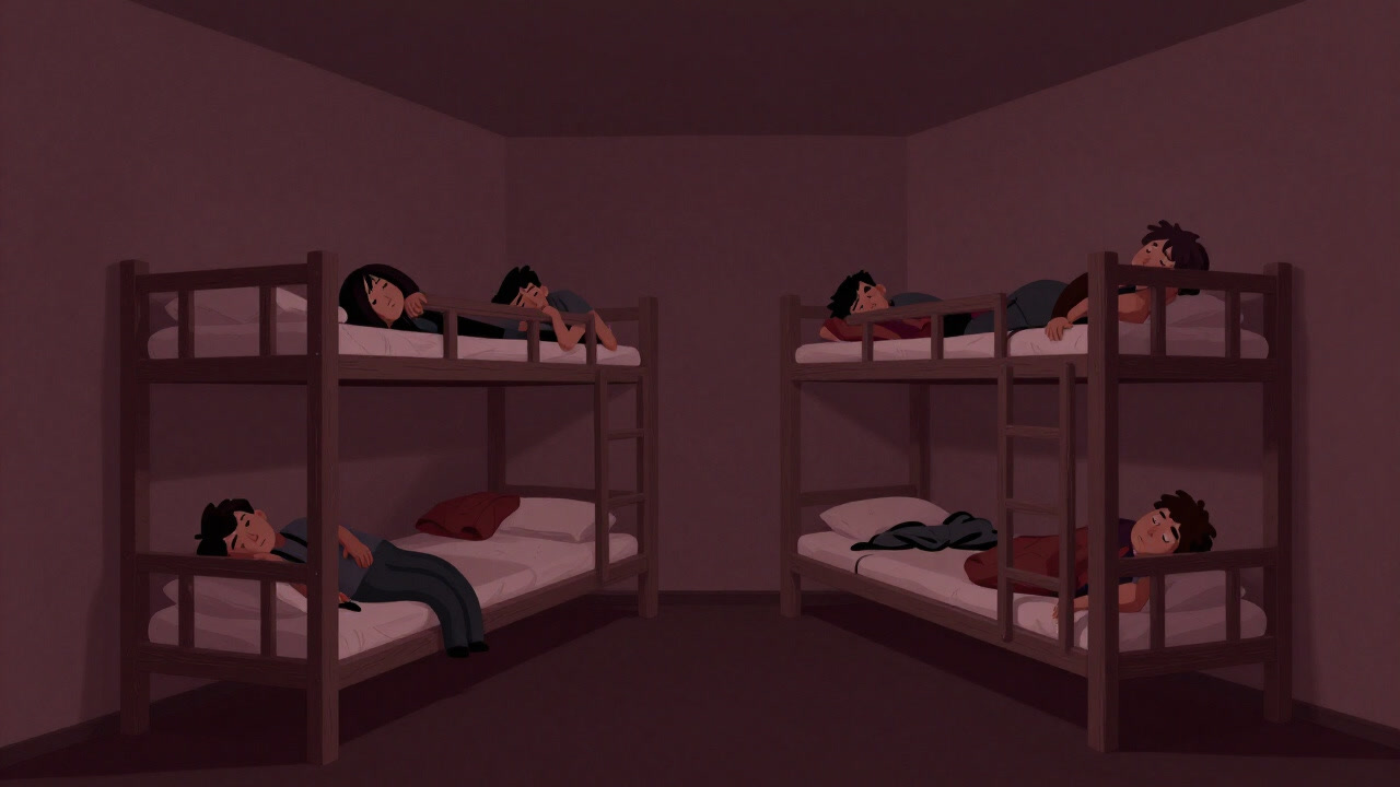 Dimly lit dormitory room with travelers crammed into bunk beds in a small wooden hostel room, looking exhausted