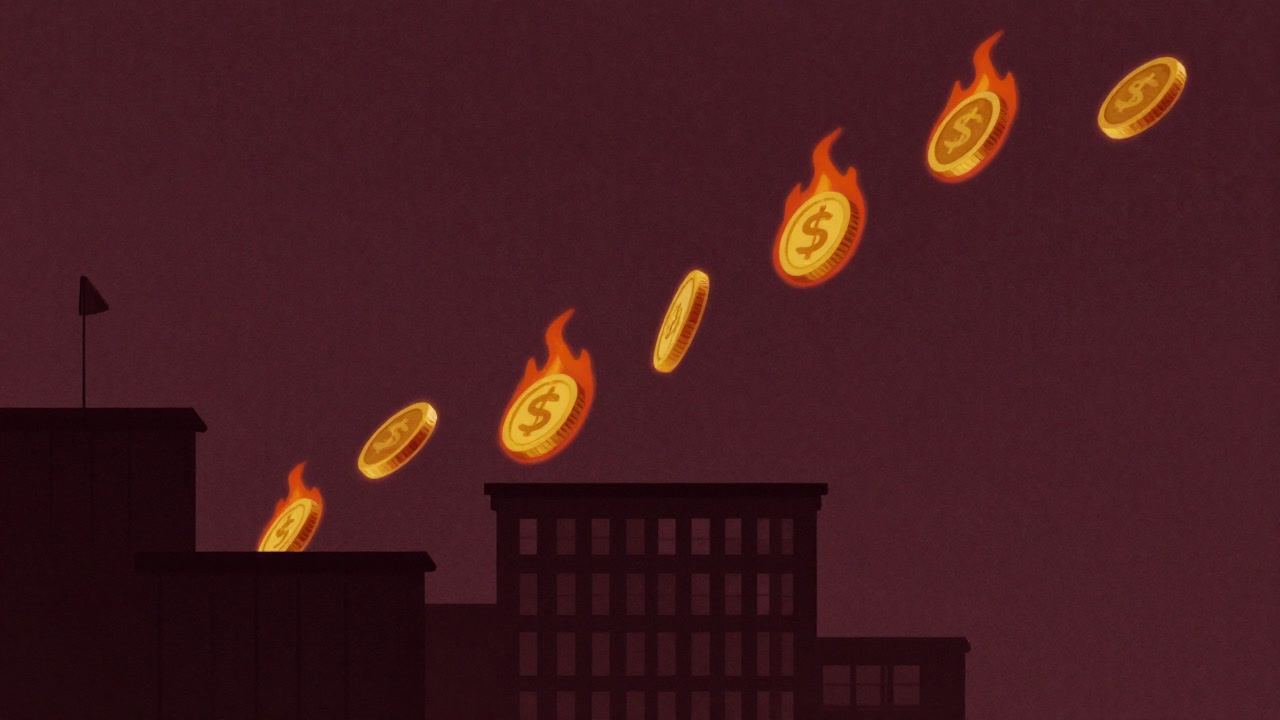 Illustration of flaming coins leaps across borders spreading heat waves