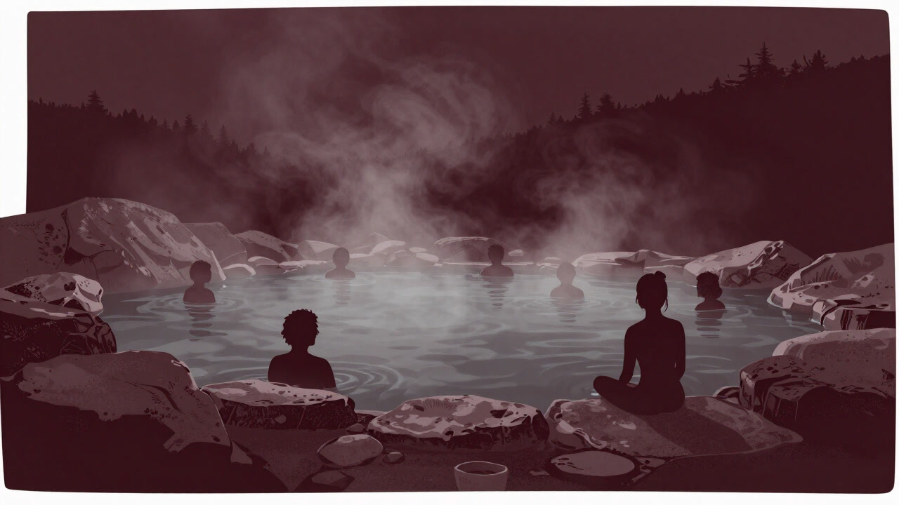 Image of silhouetted figures bathing in a rocky hot spring enveloped by sulfur steam.