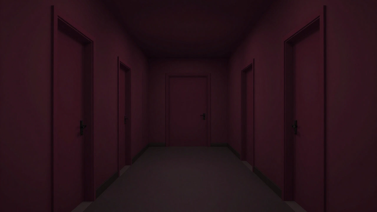 薄暗い廊下に並ぶ無数の客室のドアが、不気味にこちらを見つめる画像