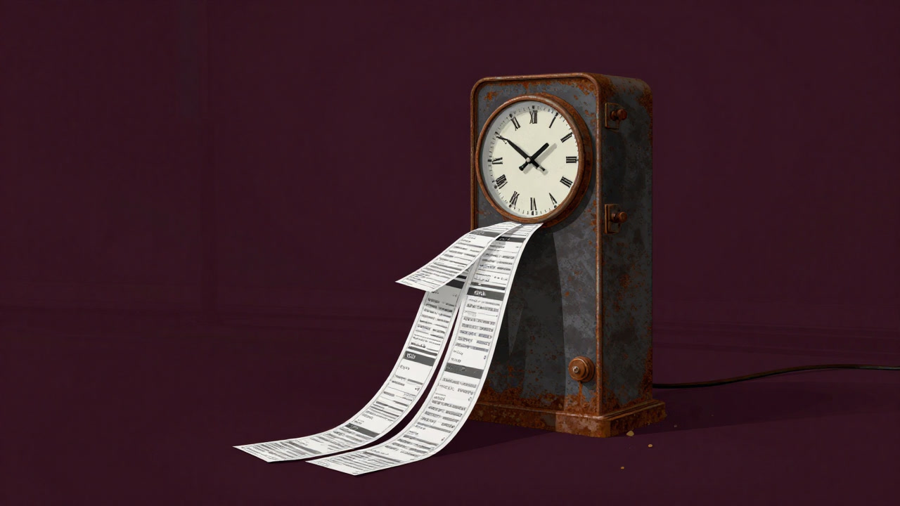 An old, rusty time clock spitting out countless time cards.