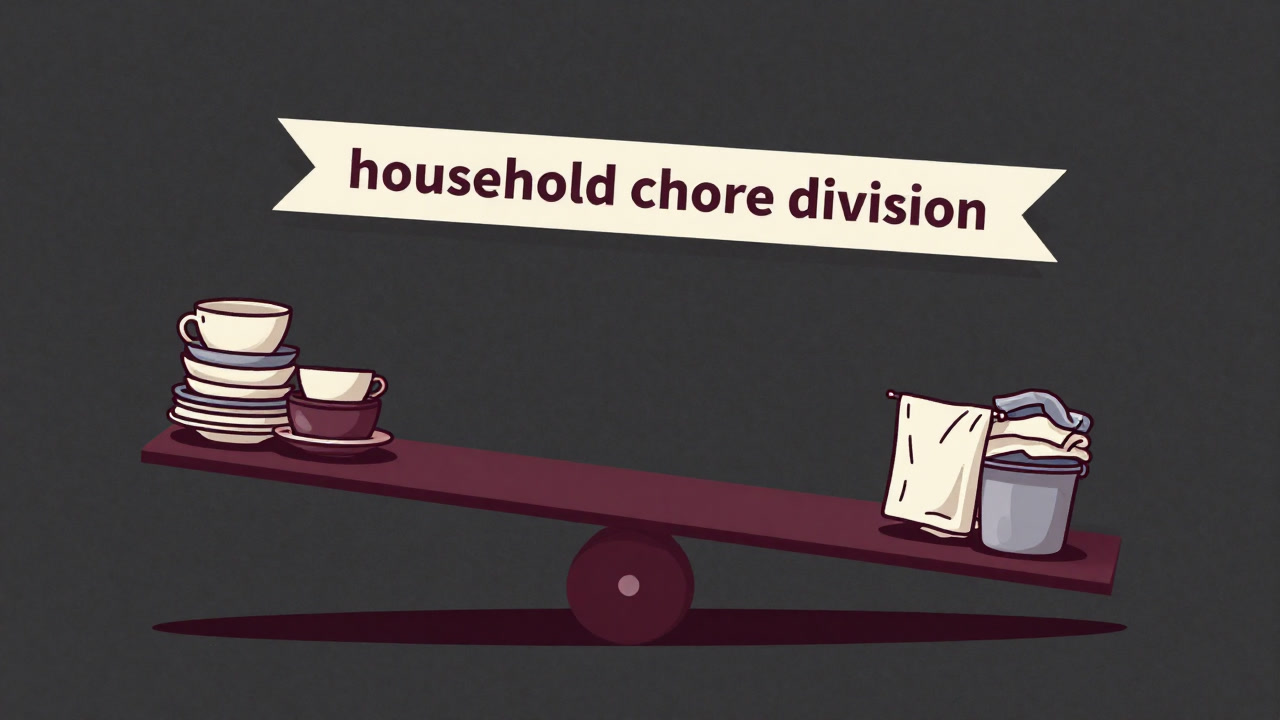 Illustration of a seesaw under a banner reading 'household chore division', piled with dishes on one side and laundry on the other