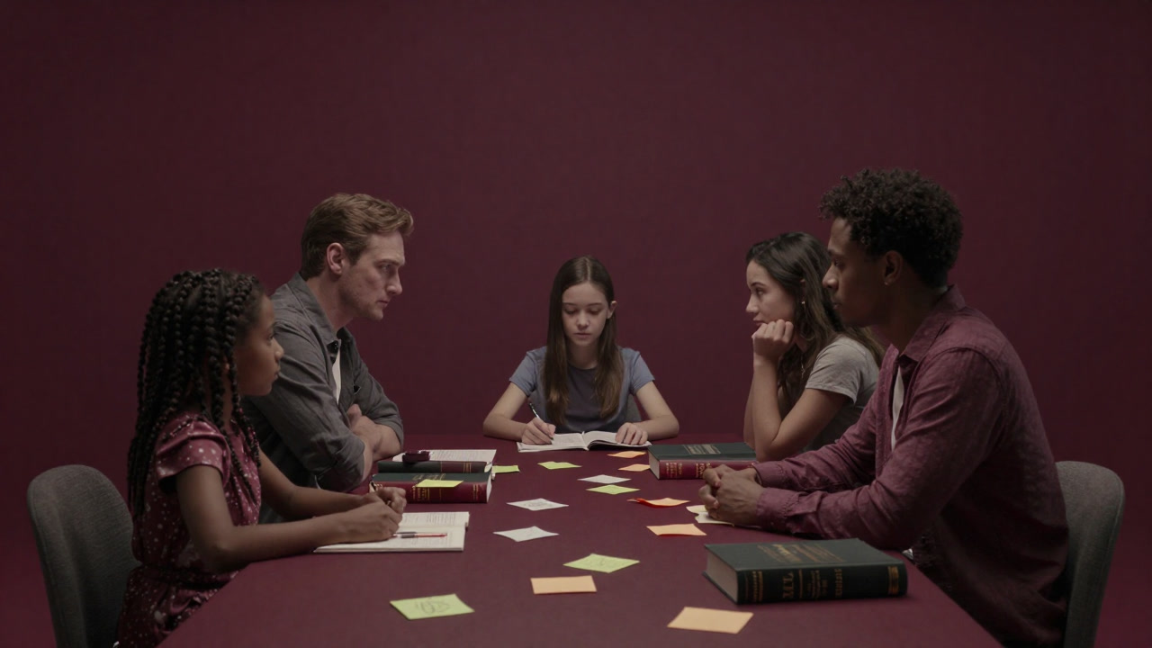 Scattered sticky notes and rule book on the dining table as family members glare at each other in silence