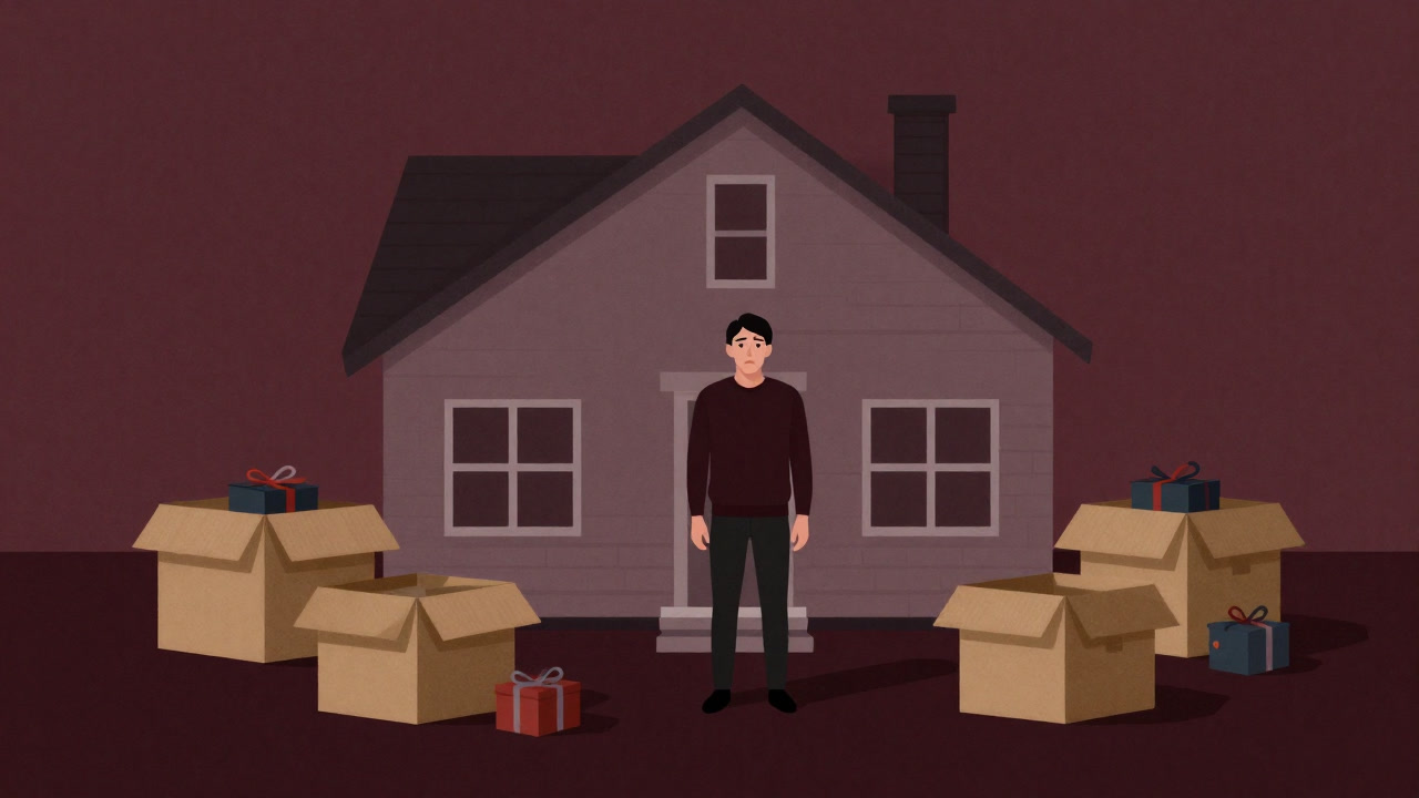 新しく購入した家の前で、開封された段ボールに囲まれ、困惑した顔で立つ人物