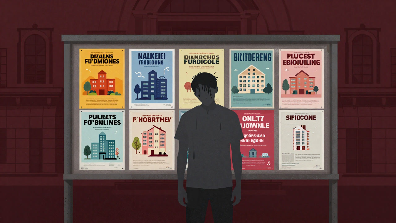 Silhouette of a citizen standing stunned in front of a city hall bulletin board filled with housing policy posters.