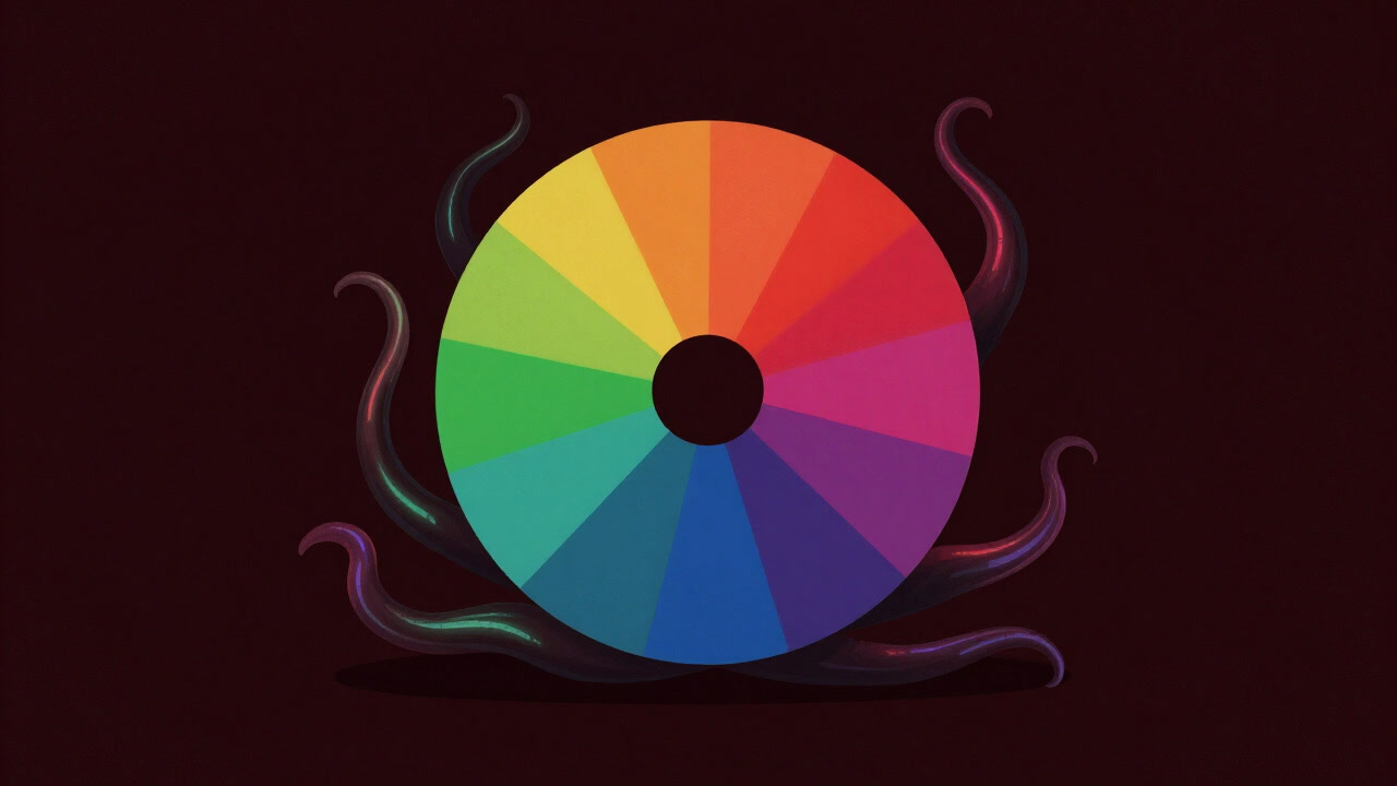 An illustration of a color wheel spreading like writhing tentacles emerging from darkness