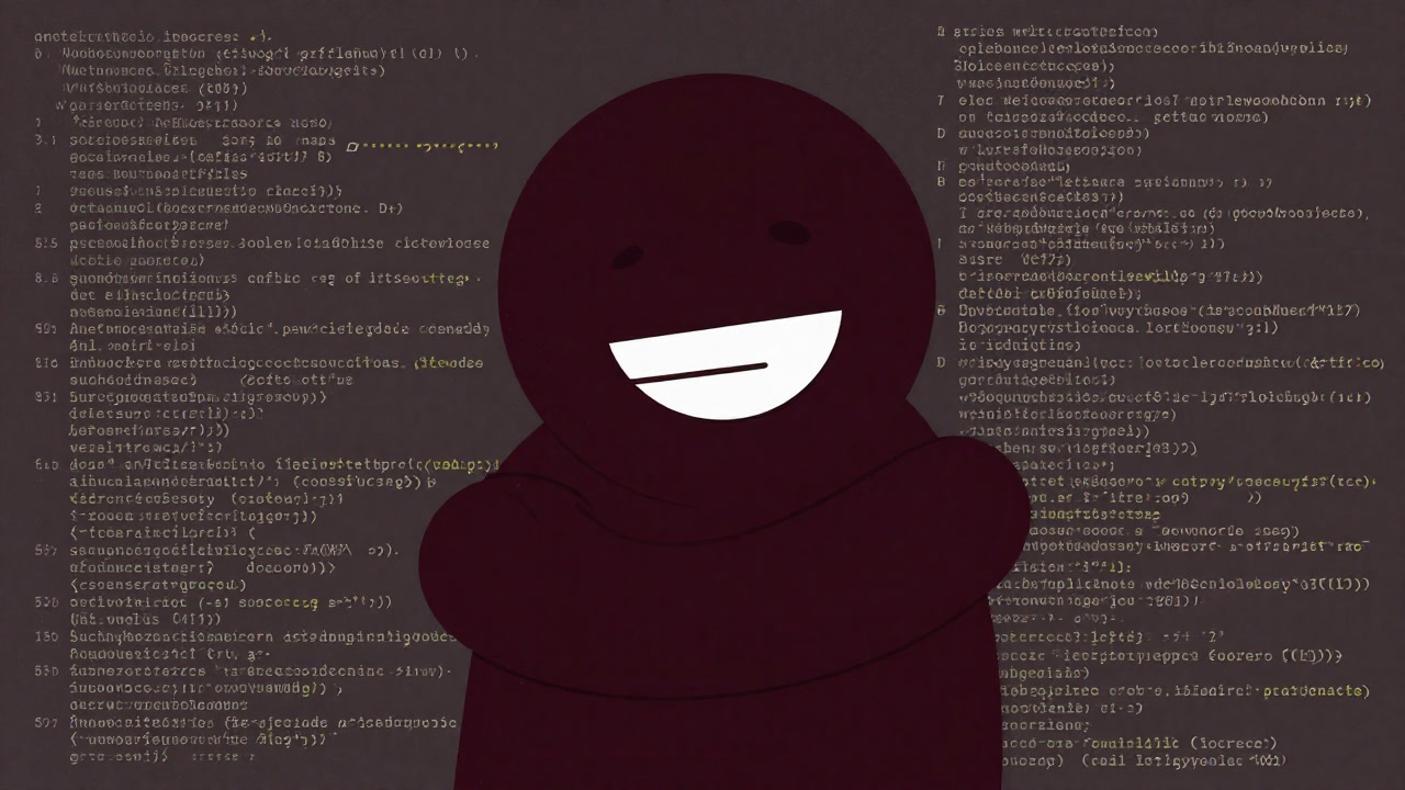 A large smiling character hugging source code tightly.