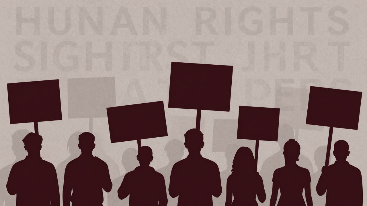 Silhouette of citizens holding placards with faint human rights treaty text floating in the background.