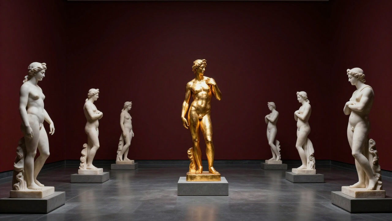 Image of a gallery of ancient statues, with only humans shining in gold among them
