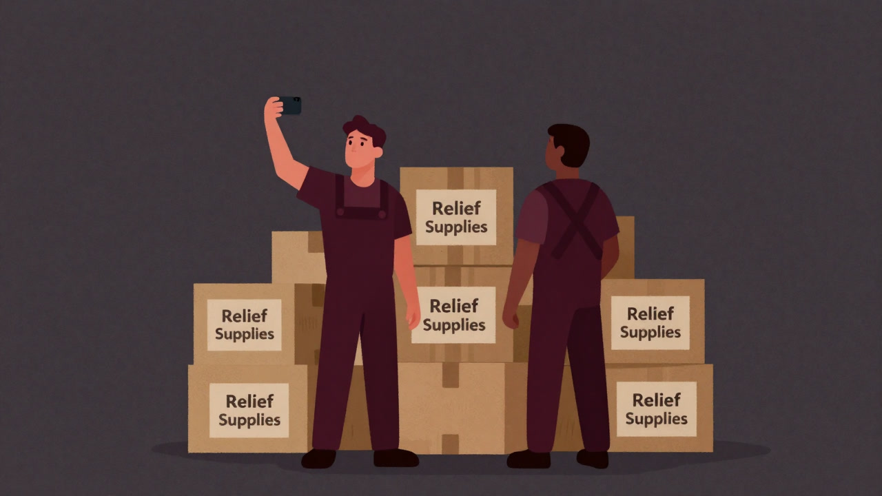 無数の書類に埋もれた『支援物資』の山を背景に、自撮りする援助団体スタッフの写真