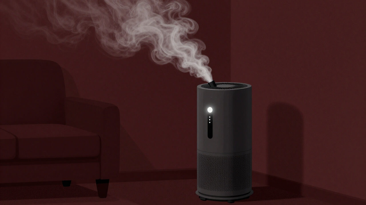 A humidifier in the corner of a living room emits steam continuously, its indicator lights flashing menacingly