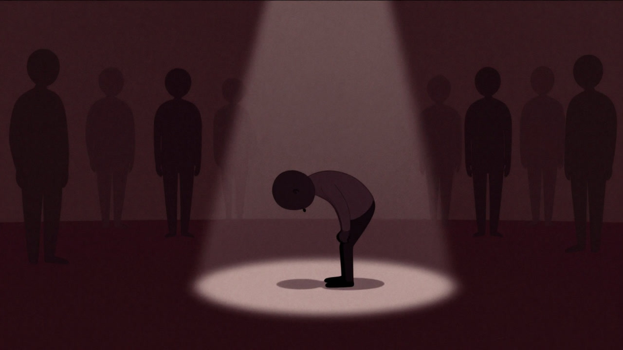 Illustration of a small character bowing modestly, with a background of many indifferent shadowy figures.