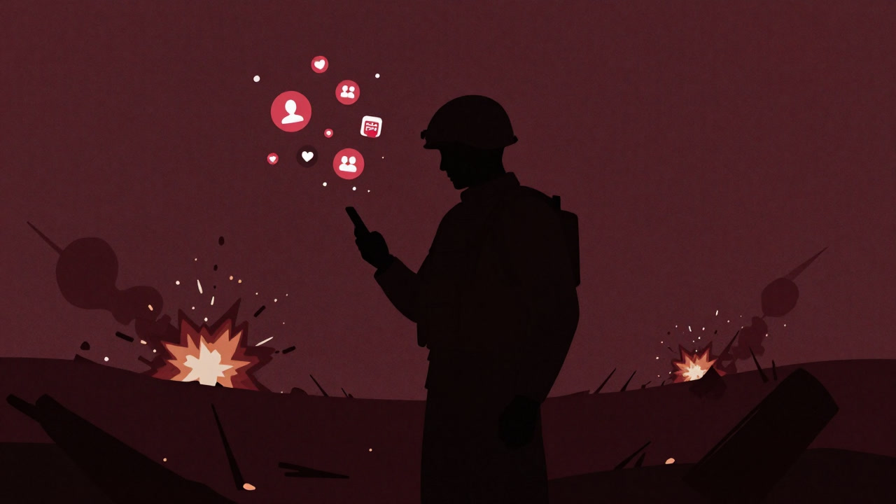 SNSアイコンと爆発が混ざり合った戦場でスマートフォンを手に指示を待つ兵士のシルエット