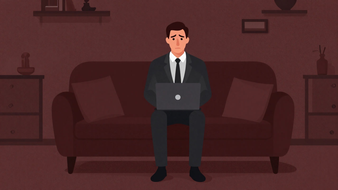 ソファの上にパソコンを置き、混乱した表情でメールを確認するビジネスパーソンのイラスト