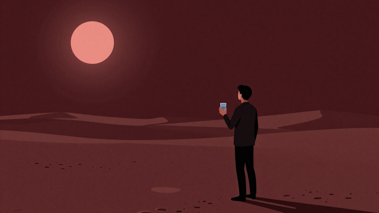 Illustration of a person holding a glass of water under the scorching sun, staring at a mirage in a desert.