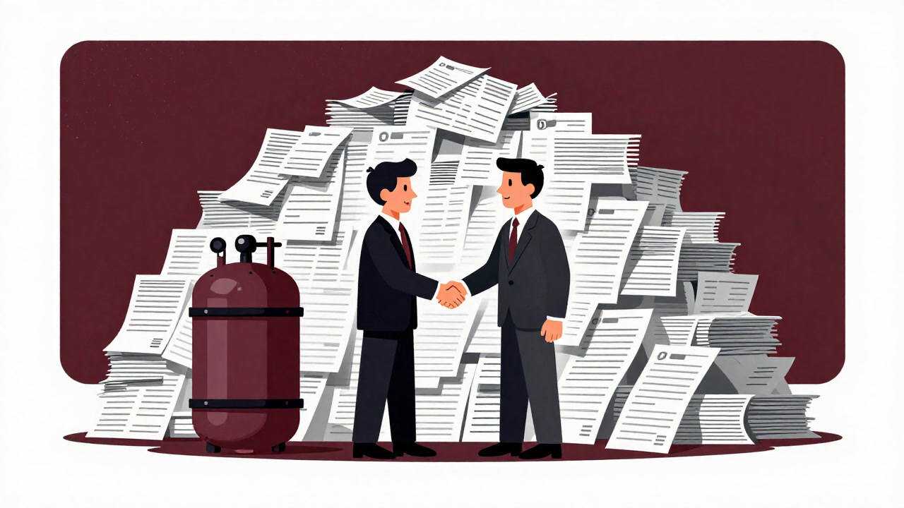 Illustration of a politician shaking hands with a hydrogen tank while a pile of invoices looms behind them