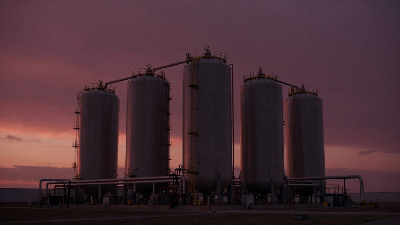 A hydrogen fuel cell plant with high-pressure tanks and piping standing tall against a sunset background