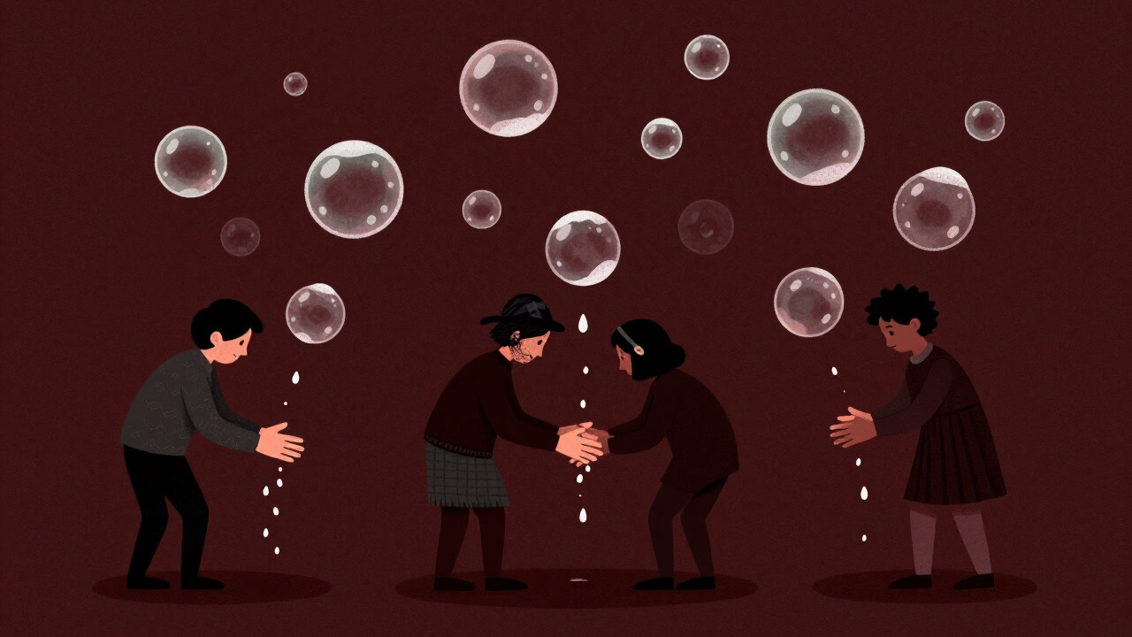 Illustration of people washing hands wildly amid a sea of bubbles like a festival