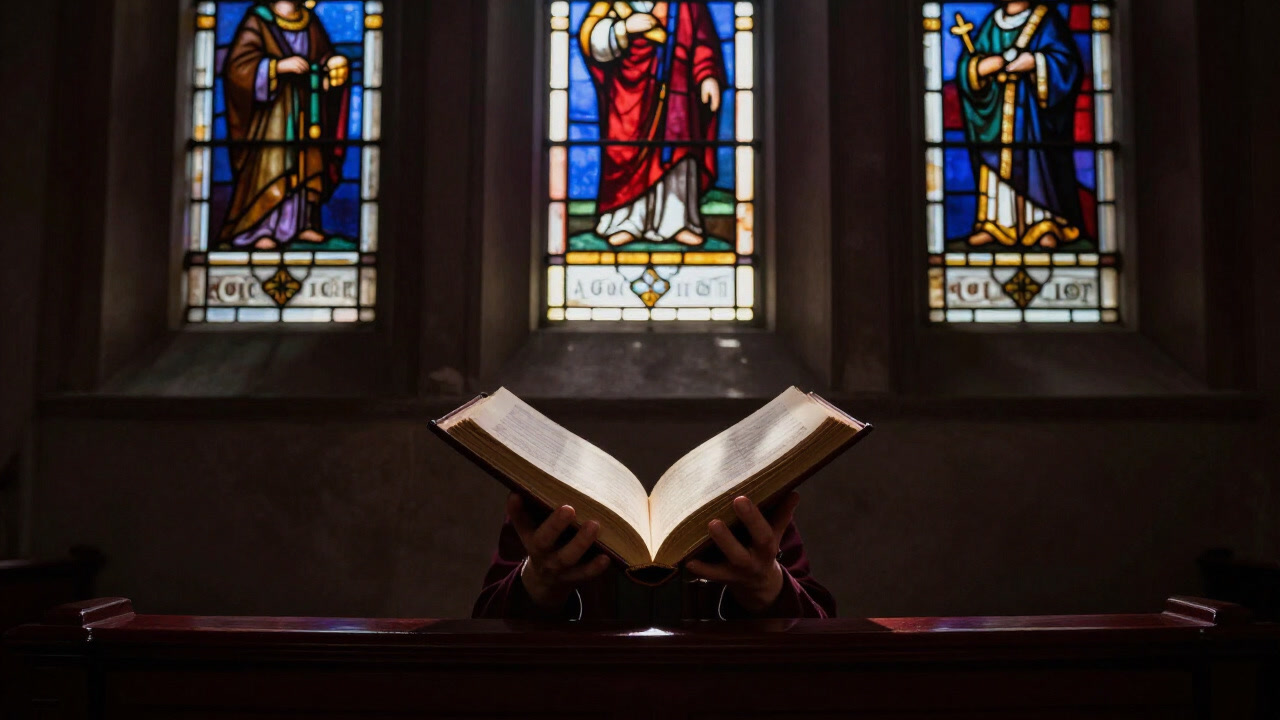 Image of hands opening a hymnal illuminated by light streaming through a dim church stained glass
