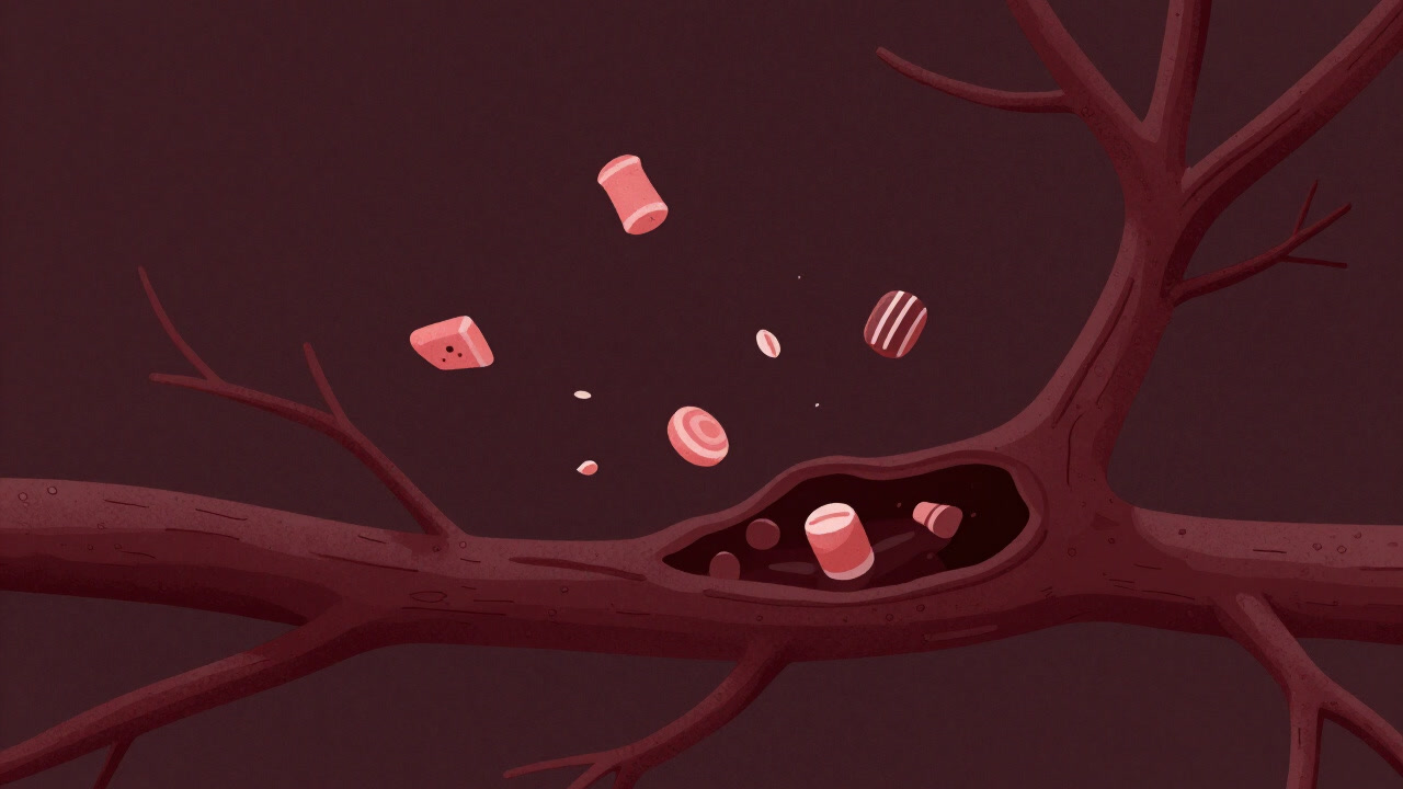 血管の中でキャンディーが暴れ回る様子をイメージさせるイラスト