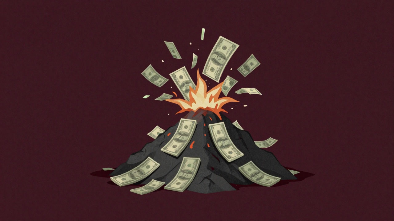 紙幣の山が火山のように噴火し、溶岩のように流れ出す風刺画