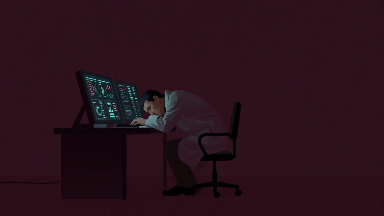 Silhouette of a researcher slumped before a swirling sea of parameters on a screen
