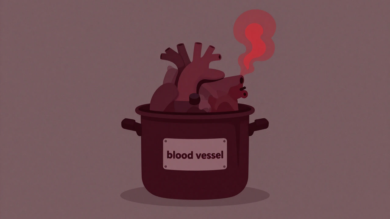 An illustration of a heart trapped in a pressure cooker labeled blood vessel, emitting red steam.